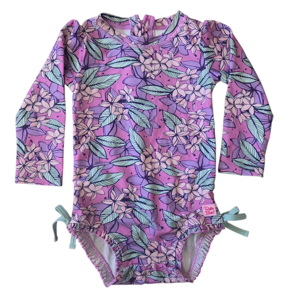 RuffleButts Girls 18-24M Purple Mermaid Long Sleeve Rash Guard Swimsuit Ruffles